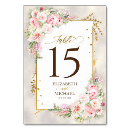 Pink Peony Floral Gold Script & Frame Wedding Tischnummer