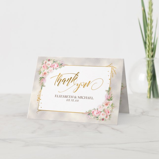 Pink Peony Floral Gold Script & Rahmen Vielen Dank Karte (Vorderseite)
