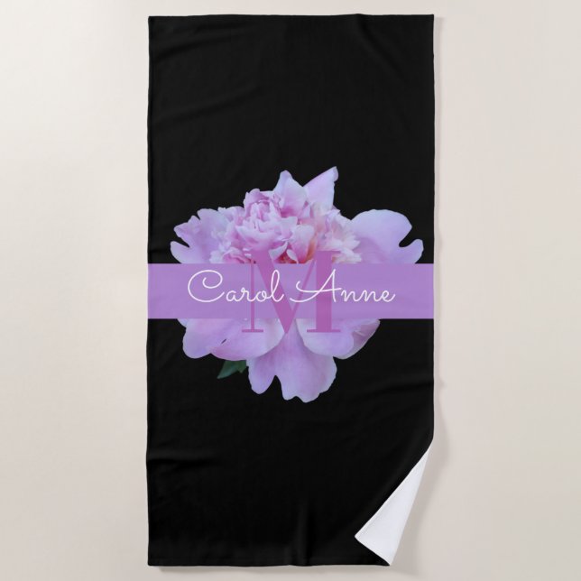 Pink Peony Floral Monogram Lila Black Strandtuch (Vorderseite)