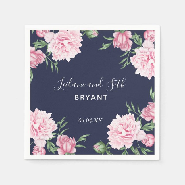 Pink Peony Floral Navy | Hochzeit von Napkins Serviette (Vorderseite)