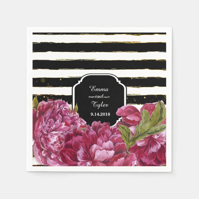 Pink Peony Floral Schwarz und Weiß Streifen Serviette (Vorderseite)
