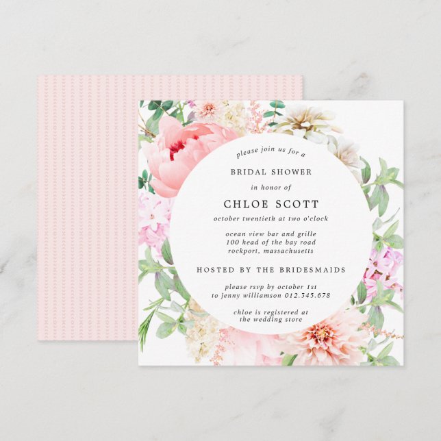 Pink Peony Floral Square Brautparty Einladung (Vorne/Hinten)