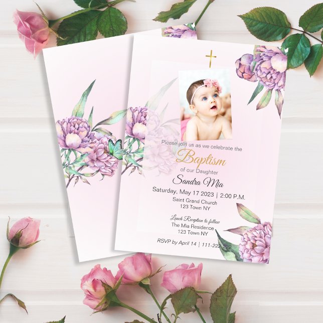 Pink Peony Floral Taufe Einladung (Pink Peony floral Baptism Invite)
