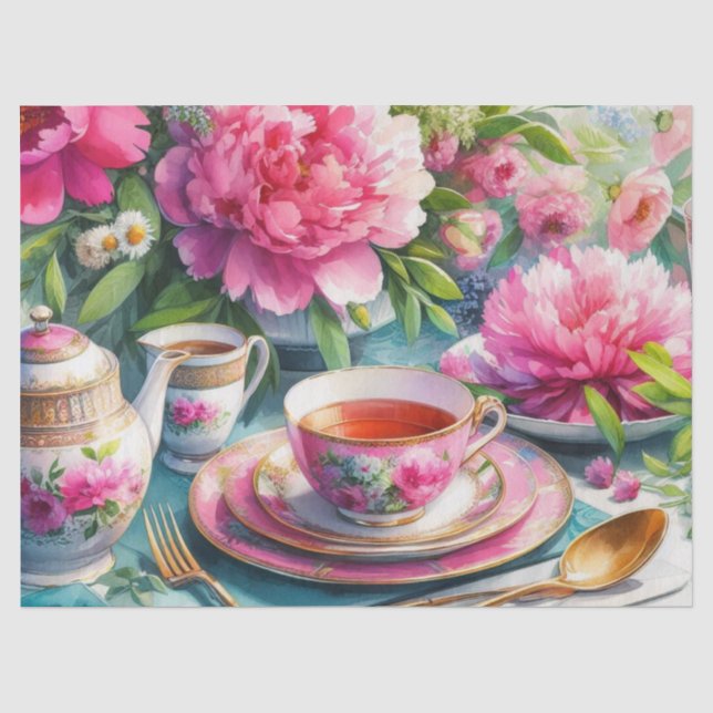 Pink Peony Floral Teatime Tissue Paper Seidenpapier (Vorderseite)