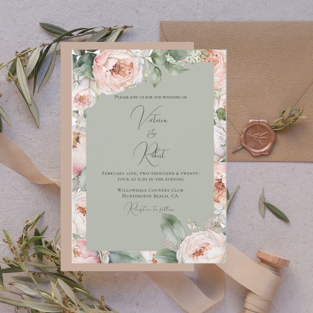 Pink Peony Floral Watercolor Sage Moderne Hochzeit Einladung (Von Creator hochgeladen)