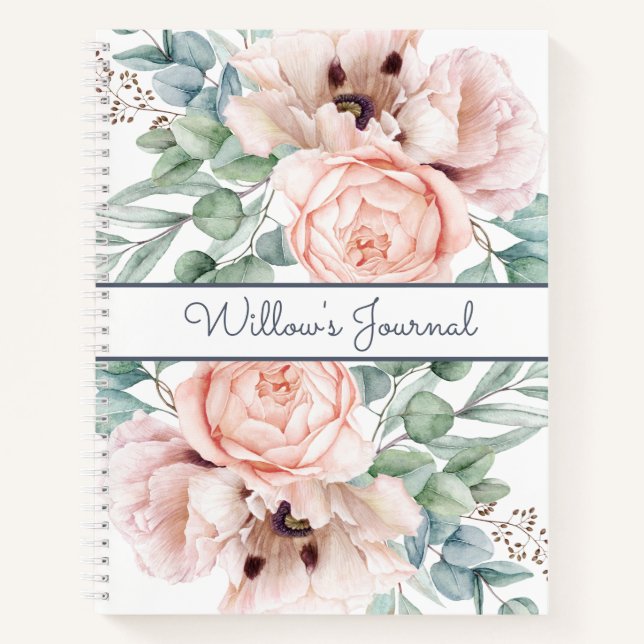 Pink Peony Floral Weiß Notizbuch (Vorderseite)