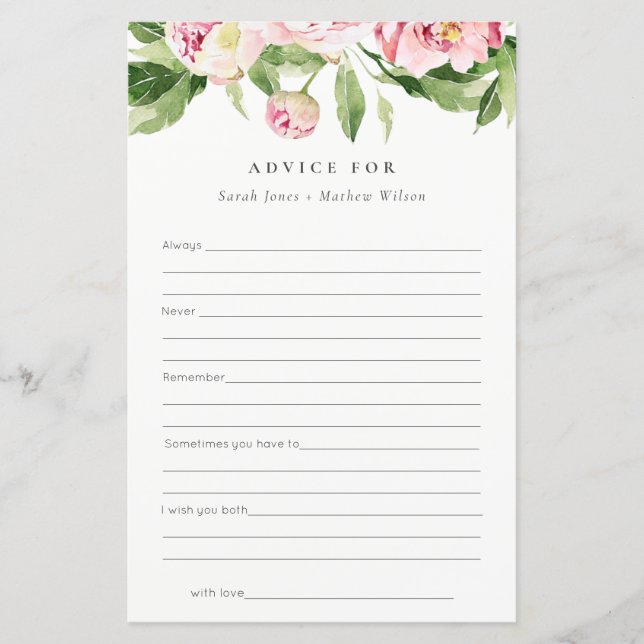 Pink Peony Floral wünscht Rat für Brautgarten (Vorderseite)