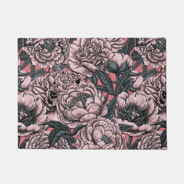 Pink peony flowers and moths fußmatte (Vorderseite)