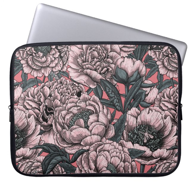 Pink peony flowers and moths laptopschutzhülle (Vorderseite)