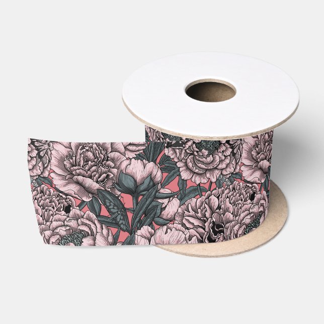 Pink peony flowers and moths satinband (Spule)