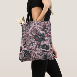 Pink peony flowers and moths tasche