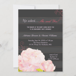 Pink Peony Gray Stripes Hochzeitsstimmung Verlobun Einladung