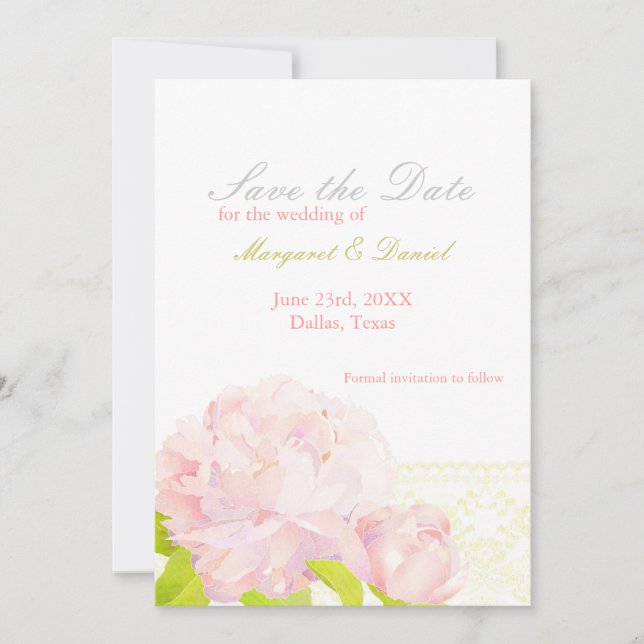 Pink Peony Imitate Lace Wedding Save the Date (Vorderseite)
