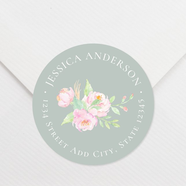 Pink Peony Individuelle Name Sage Rücksendeadresse Runder Aufkleber (Von Creator hochgeladen)