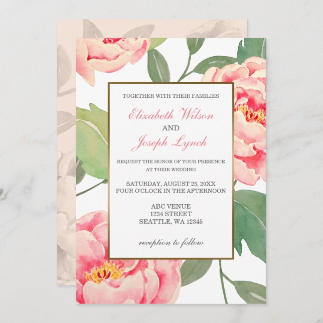 Pink Peony Invitations de mariage florales (Devant / Derrière)