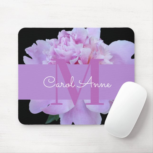 Pink Peony Lila Monogram Floral Black Mouse Pad Mousepad (Mit Mouse)