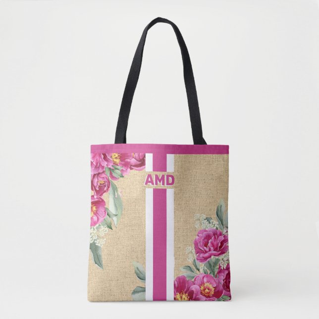 Pink Peony Monogram Imitats Burlap Jute Tasche (Vorderseite)