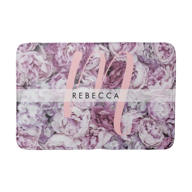 Pink Peony Rose Floral Stilvolles Monogramm Badematte (Vorderseite)