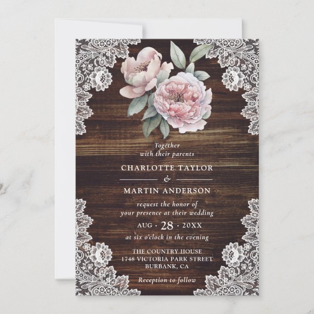 Pink Peony Rustic Wood Lace Floral Wedding Einladung (Vorderseite)