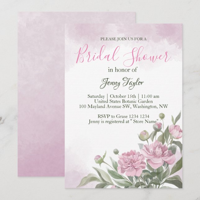 Pink Peony Watercolor Bridal Dusche Einladung (Vorne/Hinten)
