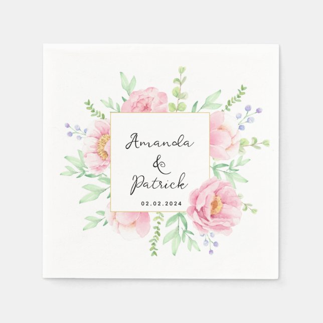 Pink Peony Watercolor Hochzeitspapier Serviette (Vorderseite)