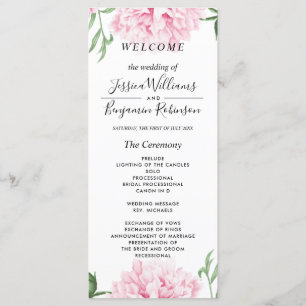 Pink Peony Watercolor Hochzeitsprogramm Menükarte