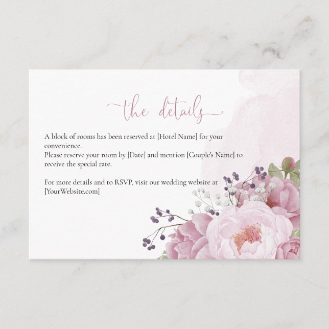 Pink Peony Wedding Details Card Begleitkarte (Vorderseite)