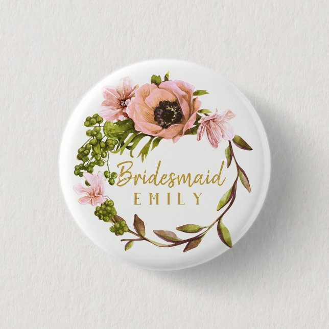 Pink Peony Wreath Bridesmaid Name ID456 Button (Vorderseite)