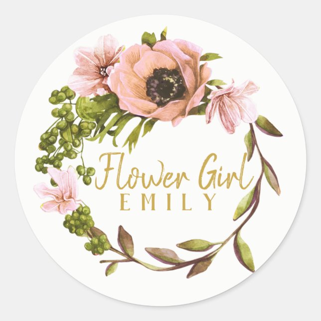 Pink Peony Wreath Flower Girl Name ID456 Runder Aufkleber (Vorderseite)