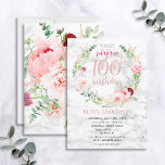 Pink Peony Wreath Rose Gold Marmor Überraschung 10 Einladung<br><div class="desc">Nimmt mein bisher beliebtes Design auf, diese wunderbare Überraschungsgeburtstagseinladung enthält die schönsten Aquarellfloralen, die ich je gesehen habe - so realistisch, dass sie wie Fotos aussehen! Ein Kranz aus rosa Bäuche und Aschenbäumen, Dahlien, Alliumbällen, Eukalyptuszweigen und ein zartes burgundisches Chrysanthemum umschließen eine Rose-Goldfolie "100. Geburtstag" mit handgeschriebenen Schriftzeichen, die auf...</div>