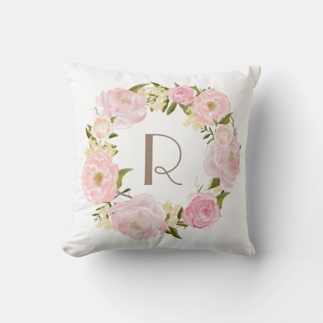 Pink Peonys Blumenkraut Monogram Kissen (Vorderseite)