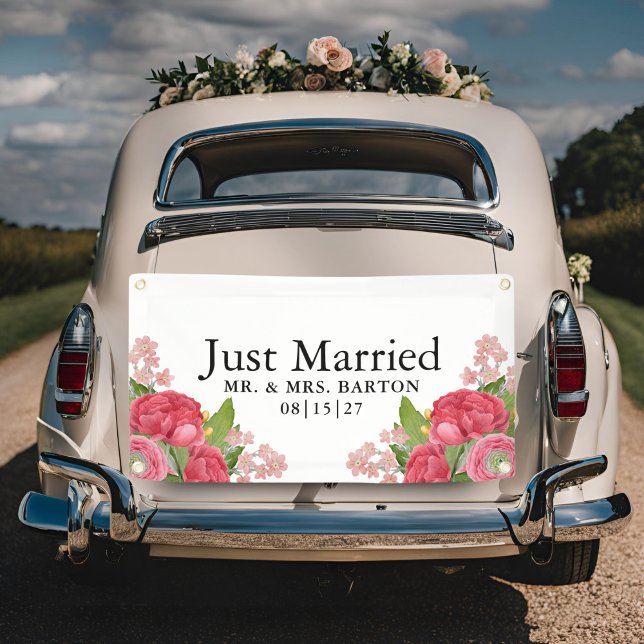 Pink Peonys Just Married Car Banner (Von Creator hochgeladen)