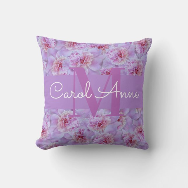 Pink Peonys Lila Monogram Floral Kissen (Vorderseite)