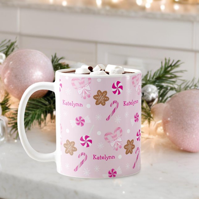 Pink Peppermint Candy Cane Gingerbrei Name Kaffeetasse (Von Creator hochgeladen)