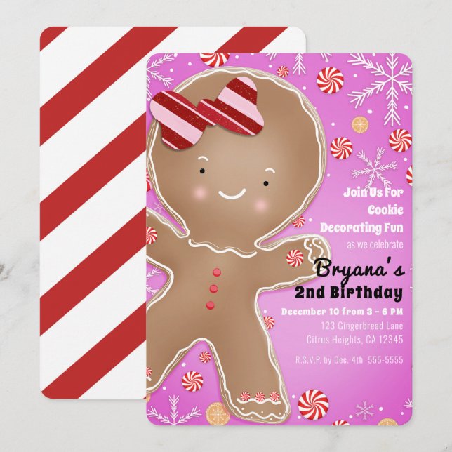 Pink Peppermint Gingerbret Mann Holiday Birthday Einladung (Vorne/Hinten)