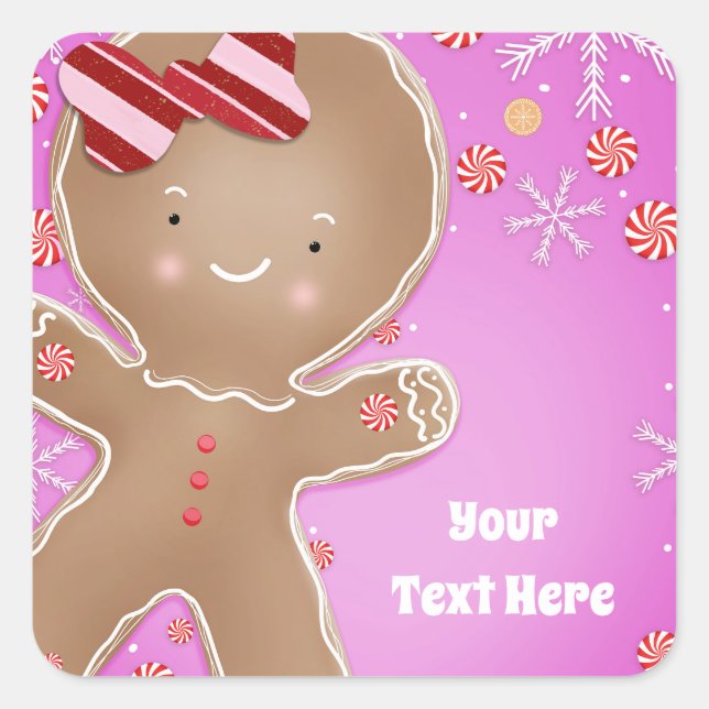 Pink Peppermint Gingerbrot Man Holiday Party Quadratischer Aufkleber (Vorderseite)