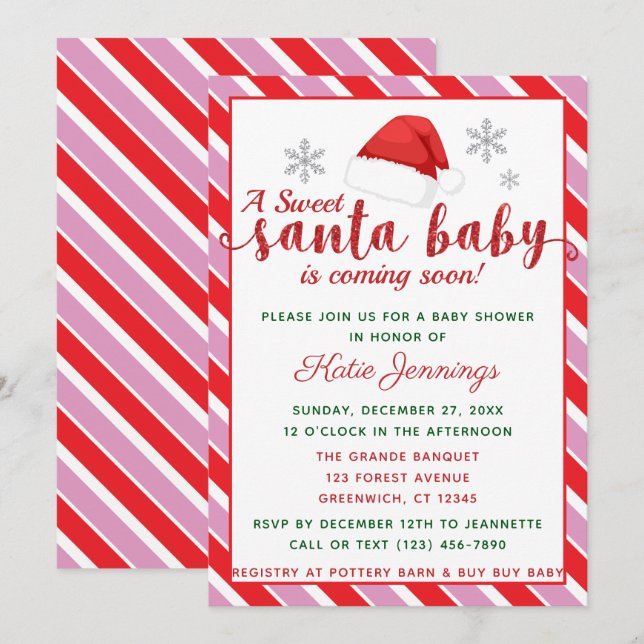 Pink Peppermint Stripe Santa Baby Dusche Einladung (Vorne/Hinten)