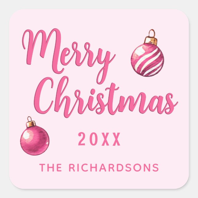 Pink Personalisiert Frohe Weihnachten Quadratischer Aufkleber (Vorderseite)