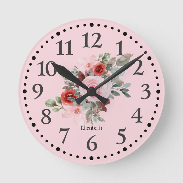 Pink Personalized Beautiful Floral Round Clock Runde Wanduhr (Vorderseite)