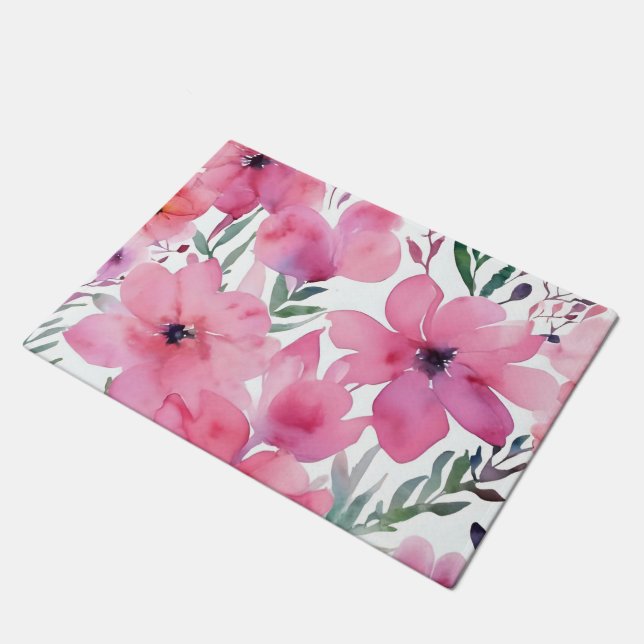 Pink Petals | Watercolor Floral Painted Flowers Fußmatte (Schrägansicht)
