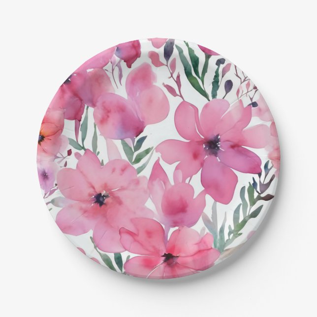 Pink Petals | Watercolor Floral Painted Flowers Pappteller (Vorderseite)
