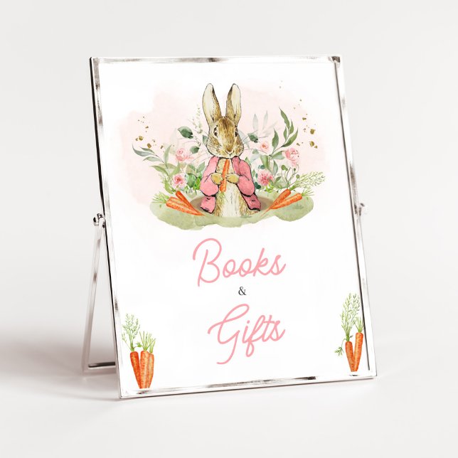 Pink Peter Rabbit Kinderdusche Bücher und Geschenk Poster (A Little Bunny Spring Baby Shower Books and Gifts Sign)