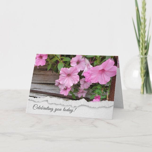Pink Petunias auf Barnholz Geburtstag Karte (Vorderseite)