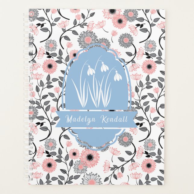 Pink & Pewter Laurentian Floral Custom Name Planer (Vorderseite)