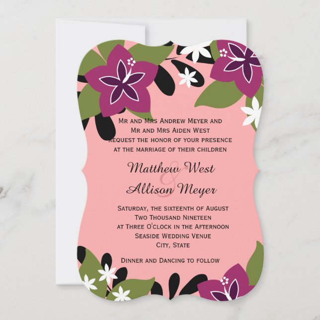 Pink Pflaume Tropical Floral Wedding Einladung (Vorderseite)