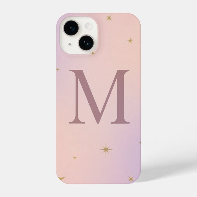 💖 Pink Phone Case with Big Yellow “M” & Stars  iPhone 14 Hülle (Rückseite)