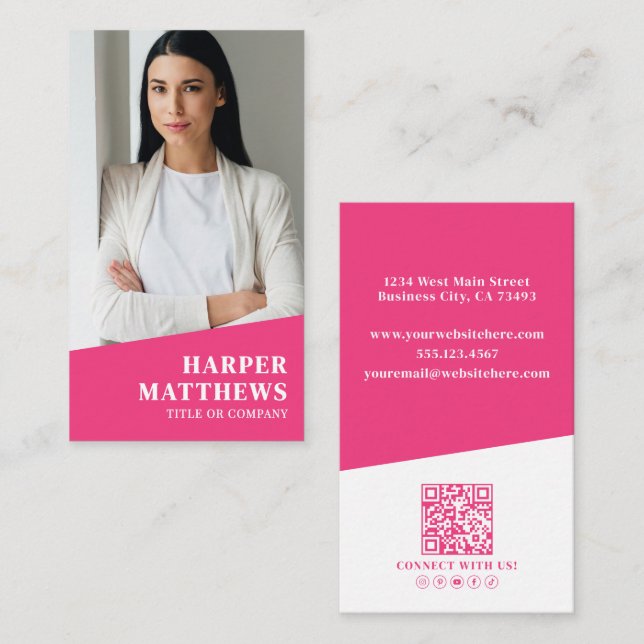 Pink Photo QR Code Vertical Visitenkarte (Vorne/Hinten)