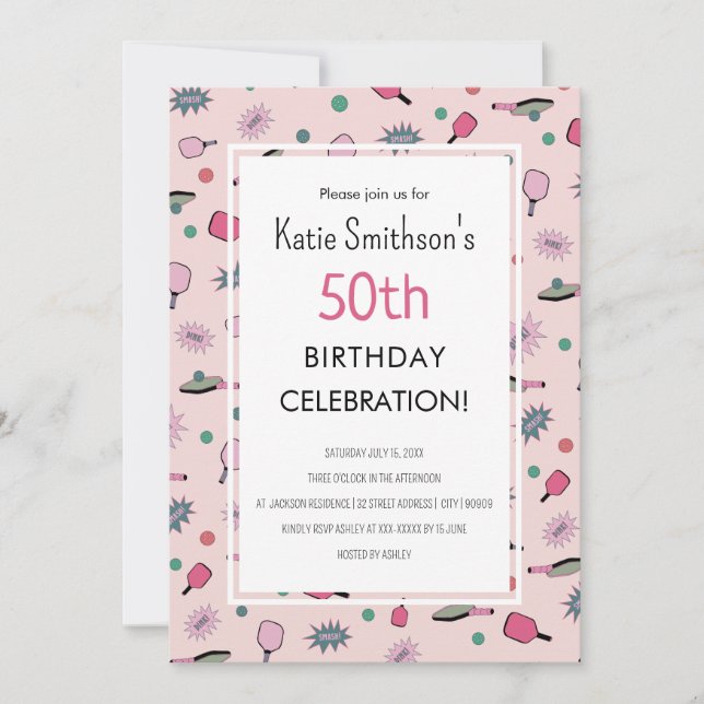 Pink Pickleball Party 50e anniversaire Invitation (Devant)