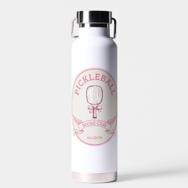 Pink Pickleball Social Club Emblem mit Namen Trinkflasche (Vorne)