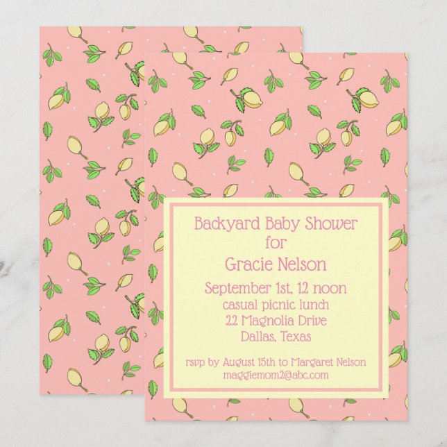 Pink Picnic Baby Shower Lemons Einladung (Vorne/Hinten)